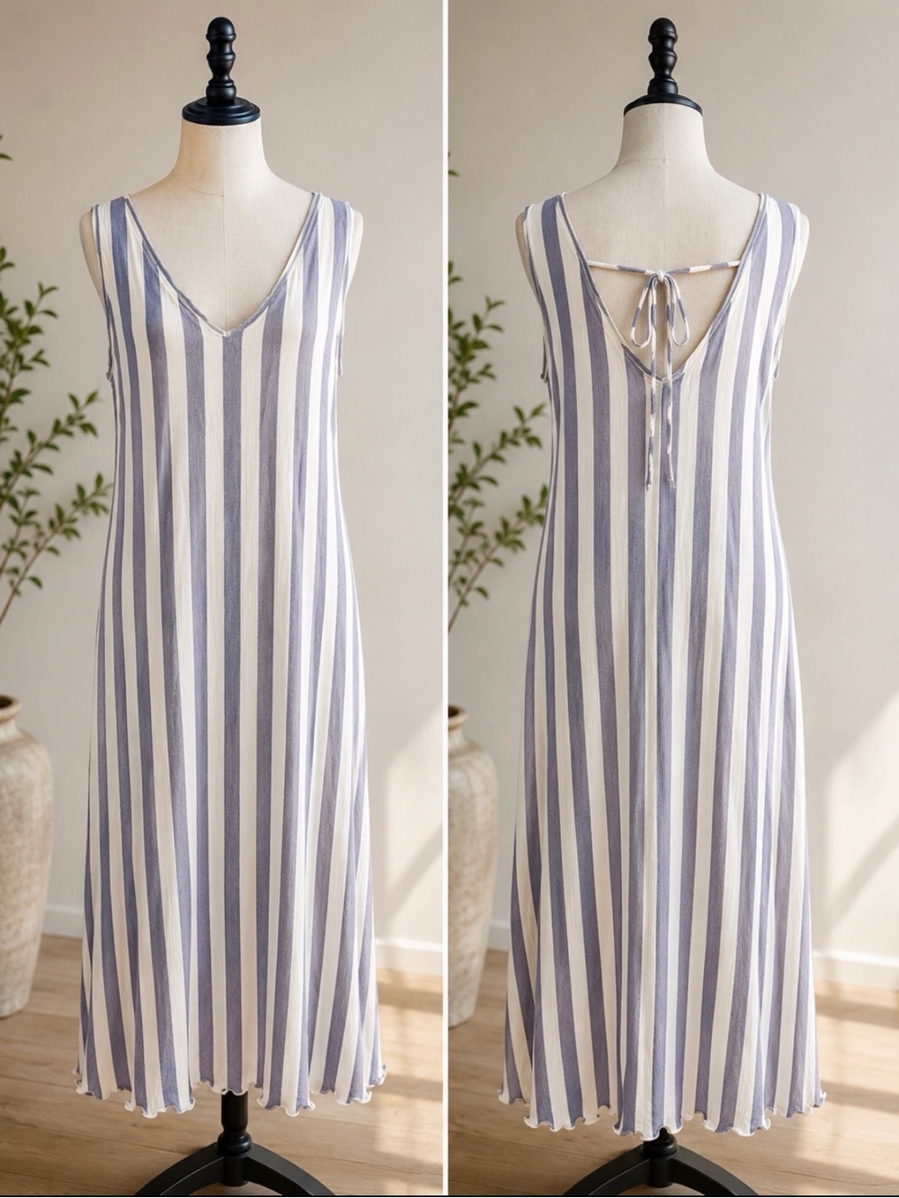 Hem & Thread Blue and White Striped Midi Dress with V-Neck & Tie Back